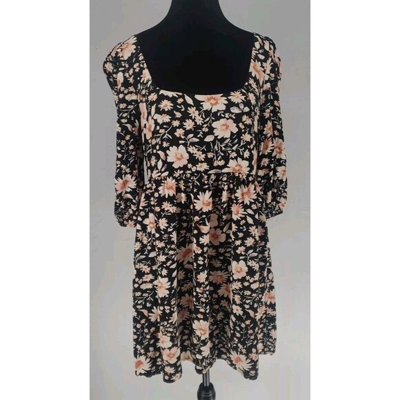 American Eagle 3/4 Sleeve Black Floral Boho Peasant Mini Dress Size Small - Picture 1 of 6